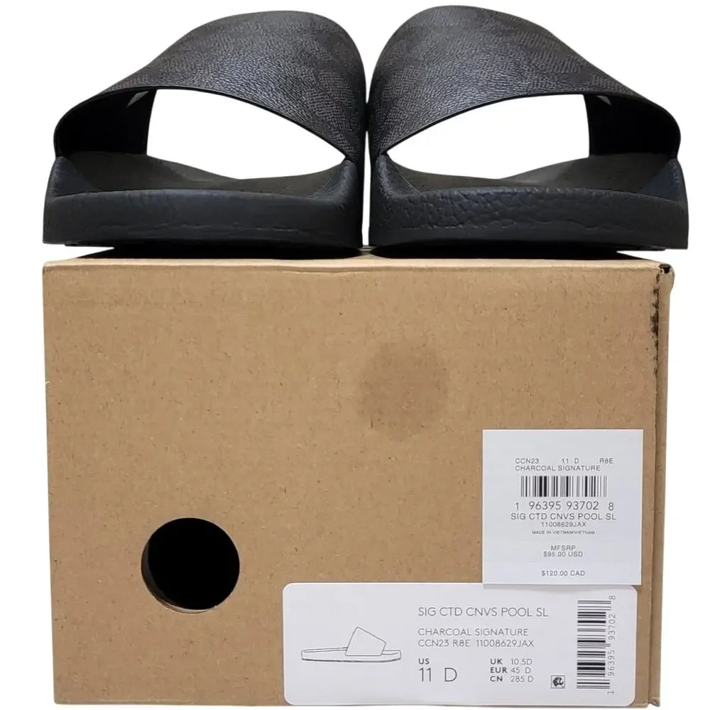 Coach Men Signature Coated Canvas Pool Slide Size US 11D Charcoal Black